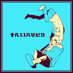 1boy 1other :d ankle_boots arrow_(symbol) black_border blue_background blue_eyes blue_jacket boots border chara_(undertale) commentary_request drawstring full_body grin hands_on_another&#039;s_head heart heart_necklace high_contrast hood hood_down hooded_jacket inset_border jacket jewelry knees_apart_feet_together limited_palette long_sleeves looking_at_another necklace open_clothes open_jacket open_mouth oshiruko_(tsume) puffy_long_sleeves puffy_sleeves sans_(undertale) shirt short_hair shorts sitting skeleton slippers smile striped_clothes striped_shirt teeth undertale upper_teeth_only upside-down