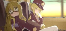 2girls armband black_hat black_jacket blue_archive blue_armband blurry blurry_foreground commentary gloves green_hair hat hikari_(blue_archive) jacket long_hair long_sleeves looking_at_another millet_pepper multiple_girls nozomi_(blue_archive) pantyhose pointy_ears siblings sisters sitting sleeping smile train_interior twins unworn_hat unworn_headwear white_gloves white_pantyhose zzz