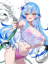 1girl ahoge alternate_costume bikini bikini_under_clothes blue_bikini blue_hair blue_nails bracelet braid breasts cleavage colored_tips commentary crossed_bangs double-parted_bangs fang flower hair_between_eyes hair_flower hair_ornament half_up_braid hand_up heart heart_ahoge highleg highleg_bikini highres holding holding_hose hololive hose jewelry large_breasts layered_bikini long_hair looking_at_viewer multi-strapped_bikini_bottom multicolored_hair nail_polish navel open_mouth outstretched_arm pink_bikini pointy_ears shirt side-tie_bikini_bottom sidelocks simple_background skin_fang snowflake_hair_ornament solo streaked_hair swimsuit symbol-only_commentary t-shirt tied_shirt very_long_hair virtual_youtuber water wet wet_clothes wet_shirt white_background white_shirt yellow_eyes you06 yukihana_lamy