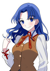 1girl absurdres blue_eyes blue_hair blush breasts brown_vest buttons closed_mouth collared_shirt commentary_request curtained_hair dress_shirt fate/stay_night fate_(series) genderswap genderswap_(mtf) hand_up highres homurabara_academy_school_uniform index_finger_raised kisaragi_shokuin long_hair long_sleeves looking_at_viewer matou_shinji medium_breasts neck_ribbon red_ribbon ribbon school_uniform shirt simple_background smile solo upper_body vest wavy_hair white_background white_shirt wing_collar