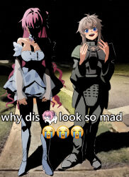 2girls angry armor arms_up bare_shoulders black_eyes blank_eyes blue_eyes breasts collar commentary crying_emoji detached_sleeves doro_(nikke) dorothy_(nikke) dress emoji english_commentary frilled_collar frills goddess_of_victory:_nikke grass green_armor grey_hair hair_bun hair_flaps happy high_heels highres jewelry large_breasts long_hair long_sidelocks looking_at_viewer meme messy_hair multiple_girls neck_ribbon necklace open_mouth outdoors pink_hair pinne_(nikke) purple_ribbon ribbon see-through_clothes see-through_sleeves sidelocks standing tongue very_long_hair wge white_dress white_sleeves why_dis_ninja_look_so_mad_(meme)