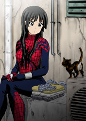 1girl :o akiyama_mio animal animal_ears animal_print black_eyes black_hair blush bodysuit bra breasts building cat cat_ears cat_tail closed_mouth cosplay costume eye_contact facing_another fan female_focus folded_clothes grey_eyes halterneck hime_cut holding holding_mask industrial_pipe iteza_a k-on! long_hair long_sleeves looking_at_another looking_to_the_side machinery marvel mask may_parker medium_breasts outdoors panties parted_lips sidelocks sitting smoking_pipe solo spider-girl spider-man spider-man_(cosplay) spider-man_(series) spider_print standing tail underwear unworn_bra unworn_clothes unworn_mask unworn_panties upper_body ventilation_shaft wall