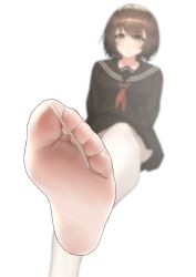 1girl absurdres arms_at_sides black_sailor_collar black_serafuku black_shirt black_skirt blurry blurry_background brown_eyes brown_hair collarbone commentary_request depth_of_field feet from_below highres hyouuma long_sleeves looking_at_viewer neckerchief no_shoes original pantyhose pleated_skirt sailor_collar school_uniform serafuku shirt simple_background skirt soles solo toes white_background white_pantyhose