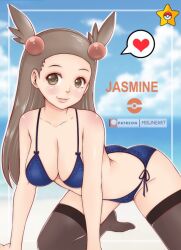 1girl all_fours ass beach black_bow black_thighhighs blue_bra blue_panties blush bow bow_bra bra breasts brown_eyes brown_hair cleavage cloud collarbone creatures_(company) floral_print game_freak grin hair_bobbles hair_ornament jasmine_(pokemon) large_breasts long_hair looking_at_viewer misune_art nintendo ocean panties poke_ball_symbol pokemon pokemon_gsc print_bra print_panties sand short_twintails side-tie_panties sky smile star_(symbol) teeth thighhighs twintails underwear water
