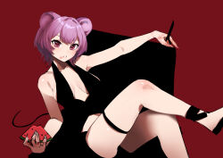 1girl absurdres animal_ears arknights bare_shoulders black_dress black_tail blush breasts breasts_apart collarbone dress fingernails food food_on_face fruit ghosty_(xiaobai) highres holding holding_food holding_fruit holding_watermelon knee_up large_breasts lin_(arknights) looking_at_viewer medium_hair mouse_ears mouse_girl mouse_tail pink_eyes pink_hair red_background simple_background sitting solo tail thigh_strap thighs watermelon watermelon_slice