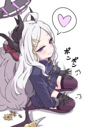 Rule 34 | ahoge, black coat, black gloves, black halo, black skirt, black thighhighs, blue archive, blush, breasts, coat, demon girl, demon horns, demon wings, gloves, halo, heart, highres, hina (blue archive), horns, long hair, looking at viewer, mosuke1221, purple eyes, simple background, sitting, skirt, small breasts, thighhighs, thighs, white background, white hair, wings