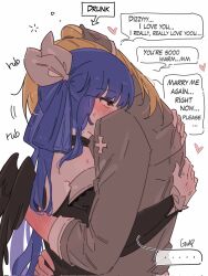 1boy 1girl blonde_hair blue_hair dizzy_(guilty_gear) drunk english_text guilty_gear guilty_gear_xrd hetero highres hug ky_gwangin ky_kiske red_eyes wings