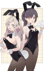 2girls :d absurdres alternate_costume animal_ear_hairband animal_ears bare_shoulders black_hairband black_leotard black_pantyhose blue_eyes border breasts ceras_yanagida_lilienfeld cleavage commentary cowboy_shot cup edel_note fake_animal_ears fake_tail grey_hair hair_ornament hairband highres holding holding_tray katsuragi_izumi leotard link!_like!_love_live! looking_at_viewer love_live! medium_breasts multiple_girls nagisa_iori open_mouth orange_eyes outside_border pantyhose peanut_mouth playboy_bunny rabbit_ear_hairband rabbit_ears rabbit_tail sidelocks slit_pupils smile standing strapless strapless_leotard swept_bangs tail teacup teapot tray triangle_hair_ornament virtual_youtuber wavy_hair white_border white_wrist_cuffs wolf_cut wrist_cuffs