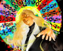 Rule 34 | 1girl, anna croft, black shirt, black suit, blonde hair, collar, distortion, formal clothes, gambling, glitch, glowing, glowing eyes, hair flowing over, jewelry, long hair, macaronijail, necklace, omniscient reader&#039;s viewpoint, open mouth, reaching, reaching towards viewer, shirt, solo, suit, sun behind head, teeth, upper body, upper teeth only, wheel of fortune (game show), white collar, wide-eyed, yellow eyes