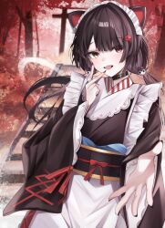 1girl absurdres animal_ears apron belt_collar black_hair black_nails cat_ears collar fangs hair_ornament hairpin heterochromia highres inui_toko inui_toko_(1st_costume) japanese_clothes looking_at_viewer low_twintails maid maid_apron maid_headdress nijisanji obi open_mouth parted_bangs reaching reaching_towards_viewer sash simoxia solo stairs torii twintails v v_over_mouth virtual_youtuber wa_maid wide_sleeves