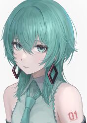 1girl absurdres alternate_hair_length alternate_hairstyle aqua_eyes aqua_hair aqua_necktie aqua_shirt bare_shoulders collared_shirt commentary_request crossed_bangs earrings hair_over_shoulder hatsune_miku highres jewelry looking_at_viewer necktie number_tattoo parted_lips shirt shoulder_tattoo sidelocks simple_background sleeveless sleeveless_shirt solo tadanotarosuke tattoo upper_body vocaloid white_background wolf_cut