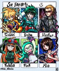 Rule 34 | 2girls, 3boys, albert wesker, amakura mio, aqua background, camera, character name, character request, commentary, english commentary, english text, fatal frame, highres, holding, holding camera, midoriya izuku, multiple boys, multiple drawing challenge, multiple girls, persona, persona 5, six fanarts challenge, stoic seraphim, twitter username