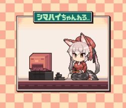 1girl animal_ears animated blazer controller crt gloves hat holding holding_controller island_fox_(kemono_friends) jacket kemono_friends kemono_friends_v_project long_hair looking_at_viewer midoribox necktie o_o open_mouth pixel_art playing_games school_uniform shirt shoes silver_hair simple_background skirt smile solo tail twintails very_long_hair video virtual_youtuber