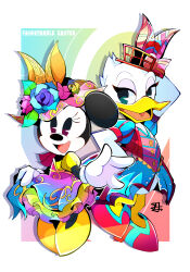 2girls absurdres alternate_costume animal_ears bow daisy_duck disney dress duck_girl eyelashes fashionable_easter full_body gloves green_eyes hair_bow highres looking_at_viewer mickey_mouse_&amp;_friends minnie_mouse mouse_girl multiple_girls open_mouth shirt smile yuyu_maybe