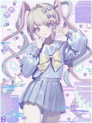 1girl :d blonde_hair blue_bow blue_eyes blue_hair blue_serafuku blue_shirt blue_skirt bow bowtie chouzetsusaikawa_tenshi-chan cursor hair_bow highres hinomiya_shiyou_(ly05yy) long_hair multicolored_hair multiple_hair_bows needy_girl_overdose open_mouth pink_bow pink_hair purple_bow quad_tails school_uniform serafuku shirt skirt smile solo v very_long_hair window_(computing) yellow_bow yellow_bowtie