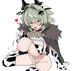 1girl animal_ears animal_print arm_support bikini bikini_top_lift black_horns breasts caesar_king_(zenless_zone_zero) clothes_lift cow_ears cow_print cow_print_bikini cow_print_gloves cow_print_thighhighs elbow_gloves fake_animal_ears from_above gloves green_hair hair_between_eyes hair_intakes hair_ornament heart horns lactation large_breasts lifting_own_clothes long_hair nipples open_mouth print_bikini print_gloves print_thighhighs simple_background sitting solo swimsuit thighhighs white_background yellow_eyes yep_(70837259) zenless_zone_zero