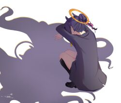 Rule 34 | 1girl, \n/, absurdres, arms up, black shoes, black socks, blazer, buttons, cat shadow puppet, chromatic aberration, commentary, crossed arms, different shadow, facing away, from above, grey jacket, halo, hashtag-only commentary, highres, hololive, hololive english, jacket, kneehighs, kumah dessu, meme, multicolored hair, nape, ninomae ina&#039;nis, ninomae ina&#039;nis (school uniform), orange halo, photo-referenced, pink hair, pink streaks, ponytail, purple hair, shoes, sidelocks, signature, simple background, socks, solo, squatting, streaked hair, symbol-only commentary, tentacle hair, tentacles, thighs, traditional halo, two-tone hair, virtual youtuber, white background