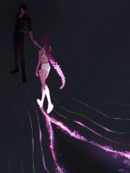 1boy 1girl back black_hair black_pants boots braid braided_ponytail calladraws1 commentary english_commentary full_body highres holding_hands jinu_(kpop_demon_hunters) kpop_demon_hunters pants purple_hair rumi_(kpop_demon_hunters) shorts signature sleeveless white_boots