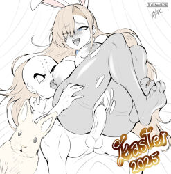 1boy 1girl animal_costume asuna_(blue_archive) black_eyes blue_archive blue_eyes blush breasts crossover dragon_ball easter highres kuririn large_breasts large_penis licking_nipple lifting_person long_hair muscular muscular_male nipple_stimulation pantyhose penis pussy rabbit rabbit_costume theal3x10 thick_thighs thighs torn_clothes torn_pantyhose uncensored vaginal