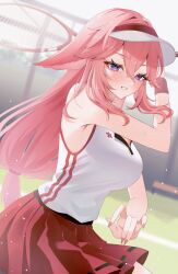 1girl absurdres animal_ears bare_shoulders blush breasts commentary commission day eyelashes fingernails floppy_ears fox_ears fox_girl genshin_impact hair_between_eyes hat highres holding holding_racket large_breasts long_hair nail_polish nyamo-lv0 outdoors pink_hair pink_nails pixiv_commission purple_eyes racket red_skirt shirt skirt smile solo sportswear sweat tennis_uniform visor_cap white_hat white_shirt yae_miko