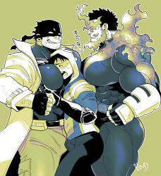 Rule 34 | 3boys, bara, beard stubble, blush, boku no hero academia, bulge, clenched hand, clenched teeth, closed eyes, commentary request, endeavor (boku no hero academia), facial hair, fiery beard, fire, gauntlets, grin, haimawari kouichi, hand on another&#039;s chest, hood, hood up, knuckleduster (boku no hero academia), looking to the side, male focus, masked, multiple boys, muscular, muscular male, open mouth, scar, scar on face, sekijaku, signature, smile, stubble, superhero costume, teeth, translation request, vigilante -boku no hero academia: illegals-