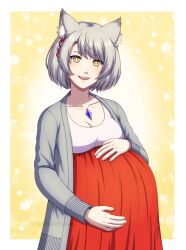 absurdres adricarra animal_ears big_belly bra braid cardigan cat_ears core_crystal_(xenoblade) dress highres long_dress mio_(xenoblade) misscherrylle pregnant red_dress rubbing_belly short_hair silver_hair smile underwear white_bra xenoblade_chronicles_(series) xenoblade_chronicles_3 yellow_eyes