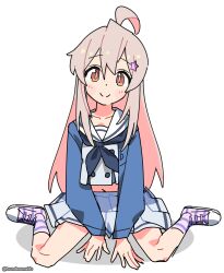 1girl ahoge black_neckerchief blue_archive blue_jacket brown_eyes buttons collarbone cosplay grey_serafuku hair_between_eyes hair_ornament hair_over_shoulder hands_on_floor highres jacket knees light_blush long_hair long_sleeves looking_at_viewer navel neckerchief onii-chan_wa_oshimai! open_clothes open_jacket oyama_mahiro pink_hair pleated_skirt purple_socks reisa_(blue_archive) reisa_(blue_archive)_(cosplay) sailor_collar school_uniform serafuku shoelaces shoes simple_background sitting skirt smile sneakers socks solo star_(symbol) star_hair_ornament straight_hair striped_clothes striped_shoes striped_socks tsunderemaids twitter_username wariza white_background white_sailor_collar