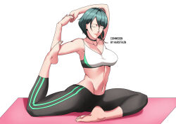 Rule 34 | absurdres, closed eyes, commission, dead or alive, dead or alive xtreme, dead or alive xtreme venus vacation, green hair, harstfazn, highres, multicolored hair, pigeon pose, red streaks, streaked hair, tamaki (doa), variant set, white background, yoga, yoga mat