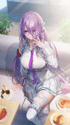 1girl absurdres belt braid breasts chest_harness collarbone collared_shirt croquette curry curry_rice eyes_visible_through_hair food frilled_thighhighs frills hair_over_one_eye harness heaven_burns_red heirou highres indoors kura_satomi large_breasts long_hair long_sleeves necktie official_art omelet omurice onigiri pink_eyes pink_hair pink_nails plate pleated_skirt purple_necktie rice school_uniform shirt shrimp shrimp_tempura sitting skirt solo tempura thighhighs tongue tongue_out upper_body very_long_hair white_belt white_shirt white_skirt white_thighhighs