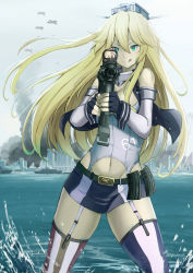 10s 1girl :q aiming aiming_at_viewer aircraft airplane alternate_eye_color blonde_hair bomb bomber breasts cityscape cleavage cowboy_shot day elbow_gloves explosive female_focus fingerless_gloves garter_straps gloves green_eyes grey_sky gun headgear highres iowa_(kancolle) kakekcaboel kantai_collection long_hair looking_at_viewer military military_vehicle miniskirt navel outdoors reflex_sight rifle ship silhouette skirt sky smile smoke solo splashing spread_legs standing star-shaped_pupils star_(symbol) striped_clothes striped_thighhighs symbol-shaped_pupils thighhighs tongue tongue_out unbuttoned warship water watercraft weapon
