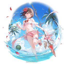 Rule 34 | 1girl, ball, bare shoulders, beachball, bikini, bikini skirt, blue sky, blush, brown hair, cloud, cloudy sky, commentary request, enju (sennen sensou aigis), flat chest, holding, holding polearm, holding staff, holding weapon, kawauchi (kaz7ry), looking at viewer, navel, ocean, off-shoulder bikini, off shoulder, official art, outdoors, pink bikini, polearm, red eyes, sandals, sennen sensou aigis, short hair, sky, solo, staff, standing, standing on one leg, stomach, swimsuit, wading, watermelon beachball, weapon, wet