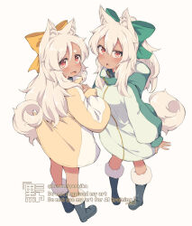 Rule 34 | 2girls, :d, :o, animal ear fluff, animal ears, blush, boots, bow, brown jacket, commentary request, dark-skinned female, dark skin, english text, fang, fur-trimmed boots, fur trim, green bow, green jacket, grey background, grey footwear, grey hair, hair between eyes, hair bow, hood, hood down, hooded jacket, jacket, kuromiya, long hair, multiple girls, open mouth, original, plumeria youn (kuromiya), ponytail, red eyes, simple background, smile, standing, tail, very long hair, watermark, yellow bow, zurka youn (kuromiya)