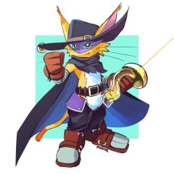 Rule 34 | black cape, black hat, black pants, body fur, brown gloves, cape, cat, digimon, digimon (creature), eye mask, fang, full body, gloves, green eyes, hat, highres, holding, holding sword, holding weapon, notaventura, nyabootmon, pants, simple background, sword, weapon, yellow fur