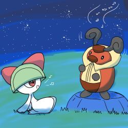 1other arm_support black_sclera blue_sky blunt_bangs bowl_cut colored_sclera colored_skin from_side full_body gen_3_pokemon gen_4_pokemon grass green_hair happy kricketot leaning_back looking_at_another monya motion_lines music musical_note night nintendo on_ground open_mouth other_focus outdoors pokemon pokemon_(creature) profile ralts red_eyes short_hair singing sitting sky smile spoken_musical_note standing star_(sky) starry_sky white_eyes white_skin