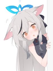 1girl :o animal_ears black_dress blue_archive blue_halo diamond_cutout dress grey_hair halo kokona_(blue_archive) long_hair looking_at_viewer multicolored_hair peeking simple_background solo streaked_hair striped_clothes striped_dress tiger_ears tiger_girl tntl_nemui vertical-striped_clothes vertical-striped_dress yellow_eyes