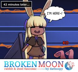 Rule 34 | 2girls, animal ear fluff, animal ears, black capelet, blonde hair, blunt bangs, boopy (datboopy), brown shirt, brown skirt, capelet, closed eyes, commentary, cowboy shot, dancer rabbit, dark-skinned female, dark skin, english commentary, english text, greatsword, heavyblade rabbit, highres, k.o., long hair, multiple girls, open mouth, rabbit and steel, rabbit ears, ribbon-trimmed shirt, ribbon-trimmed skirt, ribbon trim, shirt, skirt, smile, sword, very long hair, weapon