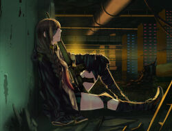 Rule 34 | 1girl, asakiri koko, assault rifle, black boots, black coat, black gloves, black skirt, black thighhighs, blonde hair, boots, braid, brown hair, coat, commentary request, eyepatch, full body, girls&#039; frontline, gloves, gun, hair over shoulder, headphones, headphones around neck, indoors, knee pads, knee up, kneehighs, long hair, long sleeves, looking ahead, m16, m16a1, m16a1 (girls&#039; frontline), magazine (weapon), miniskirt, multicolored hair, necktie, pleated skirt, red necktie, rifle, server, shirt, sidelocks, single braid, single kneehigh, single sock, single thighhigh, sitting, skirt, socks, solo, streaked hair, thighhighs, weapon, yellow shirt