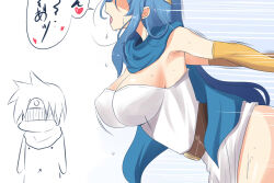 Rule 34 | 2girls, belt, blue cape, blue hair, blush, breasts, cape, commentary request, dragon quest, dragon quest iii, dress, heroine (dq3), implied sex, large breasts, long hair, loose hair strand, motion lines, multiple girls, nishi koutarou, open mouth, sage (dq3), speech bubble, sweat, translation request, white background, white dress