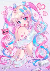 1girl ankle_belt blonde_hair blue_eyes blue_hair blue_serafuku bow cat chouzetsusaikawa_tenshi-chan colored_tips curled_up doodle_inset drink drugs full_body hair_bow heart holding holding_drink hugging_own_legs looking_at_viewer monster_energy multicolored_hair multiple_hair_bows needy_girl_overdose pill pill_on_tongue pink_hair platform_sandals quad_tails sandals school_uniform serafuku solo sparkling_eyes tongue tongue_out zashuart