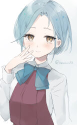 1girl aqua_bow aqua_bowtie bow bowtie brown_dress brown_eyes collared_shirt dress dress_shirt forehead grey_hair halter_dress halterneck hatomaru_(hatomaru56) highres kantai_collection one-hour_drawing_challenge parted_bangs shirt solo tamanami_(kancolle) twitter_username wasp white_background white_shirt