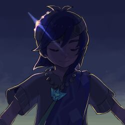 Rule 34 | 1boy, antenna hair, black hair, closed eyes, closed mouth, commentary, dark, elio (champion) (pokemon), elio (pokemon), ffccll, headband, highres, jewelry, male focus, necklace, nintendo, official alternate costume, outdoors, pokemon, pokemon masters ex, short sleeves, smile, solo, upper body