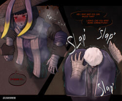 2girls 2others anal_beads anal_tail animal_ears ass ass_smack bandaged_arm bandages black_hair blurry blush bob_cut breasts butt_plug cameltoe clenched_hand drunk english_text fake_animal_ears fake_tail glowing glowing_eyes grabbing_another&#039;s_ass grey_scarf groping hat heart heishou_pack-mao_branch_(identity)_(project_moon) highres immobilization leoderorero limbus_company lower_body multiple_girls multiple_others open_mouth outis_(project_moon) project_moon pussy_juice pussy_juice_drip_through_clothes rabbit_tail red_eyes restrained rice_hat ringed_eyes ryoshu_(project_moon) scarf short_hair small_breasts solo_focus sound_effects spanked spanking speech_bubble steaming_body stuck tail through_wall tongue