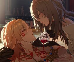 1boy 1girl absurdres bathtub blonde_hair braid chest_tattoo cup djinchnizhnsh1 drinking_glass facial_mark facial_tattoo gold_trim gradient_hair grey_hair hair_between_eyes highres holding holding_cup honkai:_star_rail honkai_(series) long_hair medium_hair multicolored_hair mydei_(honkai:_star_rail) neck_tattoo nipples orange_hair pouring_onto_another red_tattoo shirt stelle_(honkai:_star_rail) tattoo trailblazer_(honkai:_star_rail) white_shirt wine_glass