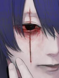 28_berakhah ambiguous_gender black_eyes blood blood_on_face bloodshot_eyes blue_hair bruise bruised_eye close-up commentary commission fingernails hashtag-only_commentary highres injury lips original pale_skin scar scar_across_eye scar_on_face solo