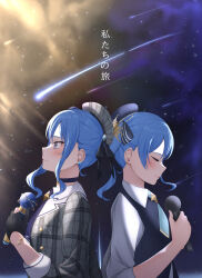 2girls absurdres blue_eyes blue_hair blue_necktie bracelet buttons choker closed_eyes closed_mouth collared_shirt comet commentary crown double-breasted earrings hat highres holding holding_microphone hololive hoshimachi_suisei hoshimachi_suisei_(1st_costume) hoshimachi_suisei_(old_design) jacket jewelry looking_to_the_side microphone multiple_girls necktie plaid_clothes plaid_hat plaid_jacket profile shinigami_kiraki shirt side_ponytail star_(symbol) star_earrings star_in_eye symbol_in_eye translation_request virtual_youtuber white_shirt white_wrist_cuffs wrist_cuffs