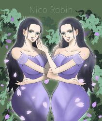 Rule 34 | 1girl, bare shoulders, black hair, blue eyes, character name, commentary request, cowboy, cowboy shot, crossed arms, dress, hair slicked back, highres, nico robin, one piece, purple dress, purple petals, see-through clothes, see-through sleeves, smile, western, yuuki 3232