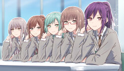 5girls aqua_eyes aqua_hair arm_support bad_id bad_twitter_id bang_dream! bishie_sparkle blazer brown_eyes brown_hair brown_necktie bullfalk clenched_hand closed_mouth collared_shirt commentary_request diagonal-striped_clothes diagonal-striped_necktie dress_shirt grey_eyes grey_hair grey_jacket hand_on_own_cheek hand_on_own_face haneoka_school_uniform highres hikawa_hina imai_lisa jacket light_brown_hair long_hair long_sleeves looking_at_viewer looking_to_the_side minato_yukina multiple_girls necktie ponytail purple_hair school_uniform seta_kaoru shirt sidelocks sideways_glance sitting smirk sparkle striped_clothes white_shirt winter_uniform yamato_maya