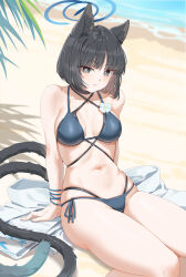 Rule 34 | 1girl, ahoge, animal ear fluff, animal ears, arm support, bare arms, bare legs, bare shoulders, beach, bikini, black bikini, black hair, blue archive, blue bikini, blush, breasts, cat ears, cat tail, closed mouth, day, fangxiang cuoluan, hair between eyes, halo, halterneck, highres, jewelry, kikyou (blue archive), kikyou (swimsuit) (blue archive), long hair, looking at viewer, medium breasts, navel, outdoors, sand, short hair, sitting, solo, stomach, string bikini, swimsuit, tail, thighs, water
