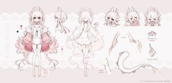 1girl animal_ear_fluff animal_ears artist_name bow claws closed_eyes closed_mouth color_guide dragon_girl dragon_horns dress earrings highres horns indie_virtual_youtuber jacket jewelry koroyopi_(vtuber) multiple_expressions multiple_views nihellie open_clothes open_jacket pink_eyes pink_jacket pointy_ears rabbit_ears reference_sheet short_dress tail virtual_youtuber white_bow white_dress white_hair