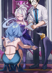 1boy 2girls ako_(blue_archive) ako_(dress)_(blue_archive) ass back backboob bare_shoulders betabeet black_halo black_necktie black_pants blue_archive blue_dress blue_hair blue_halo bracelet breasts butt_crack commentary demon_girl demon_horns demon_wings doodle_sensei_(blue_archive) dress elbow_gloves gloves gold_bracelet halo highres hina_(blue_archive) hina_(dress)_(blue_archive) horns jewelry large_breasts low_wings multiple_bracelets multiple_girls necktie official_alternate_costume official_alternate_hairstyle pants purple_dress purple_gloves sensei_(blue_archive) shirt sleeves_rolled_up squatting strapless strapless_dress white_hair white_shirt wings